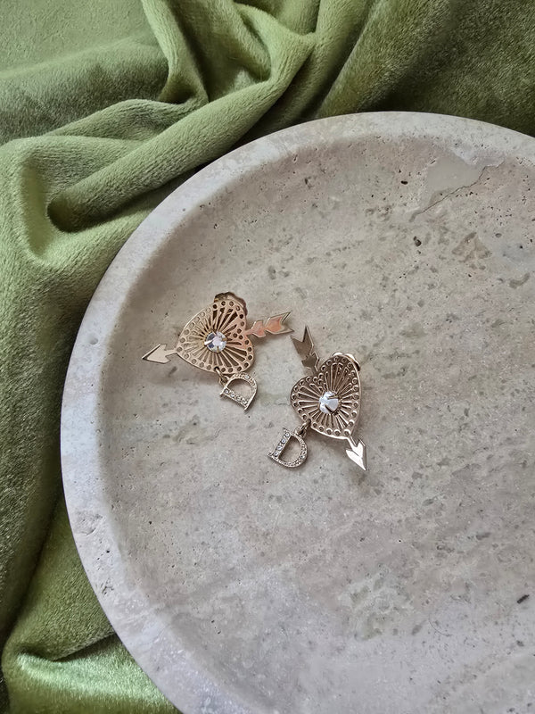 Dior Gold-Plated Heart & Arrow Clip-On Earrings with Crystal & 'D' Charm