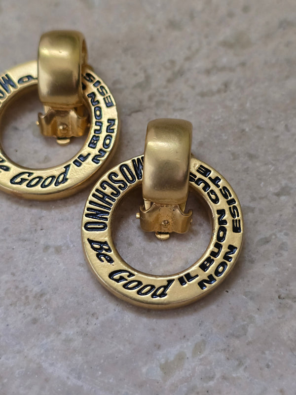 Moschino Vintage Gold Clip-On Earrings with Engraved Inscription