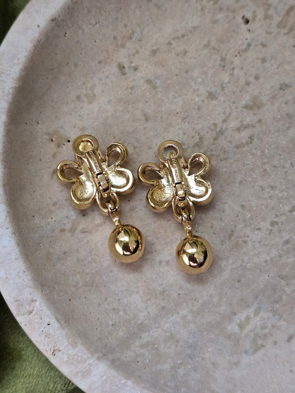 Nina Ricci Vintage Gold Clip-On Earrings with Red Cabochon