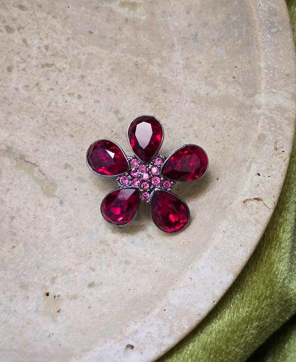 Givenchy Vintage Mini Flower Brooch with Ruby Pink Crystals