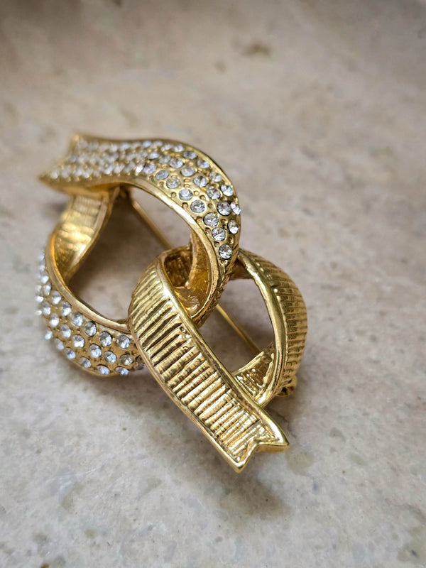 Yves Saint Laurent Vintage Gold Ribbon Link Brooch with Rhinestones