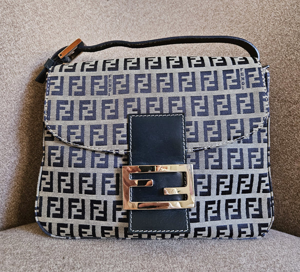 Vintage Fendi Mama Baguette Bag in Zucca Canvas with Navy Blue Leather Accents