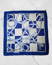 Vintage Celine 100% Silk Scarf – Blue & White Equestrian Print