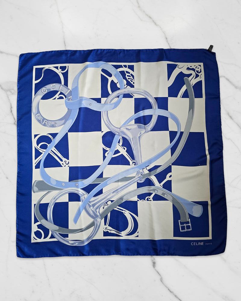 Vintage Celine 100% Silk Scarf – Blue & White Equestrian Print
