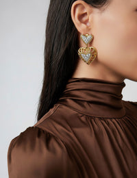 Nina Ricci Vintage Heart Drop Clip-On Earrings with Pavé Crystals