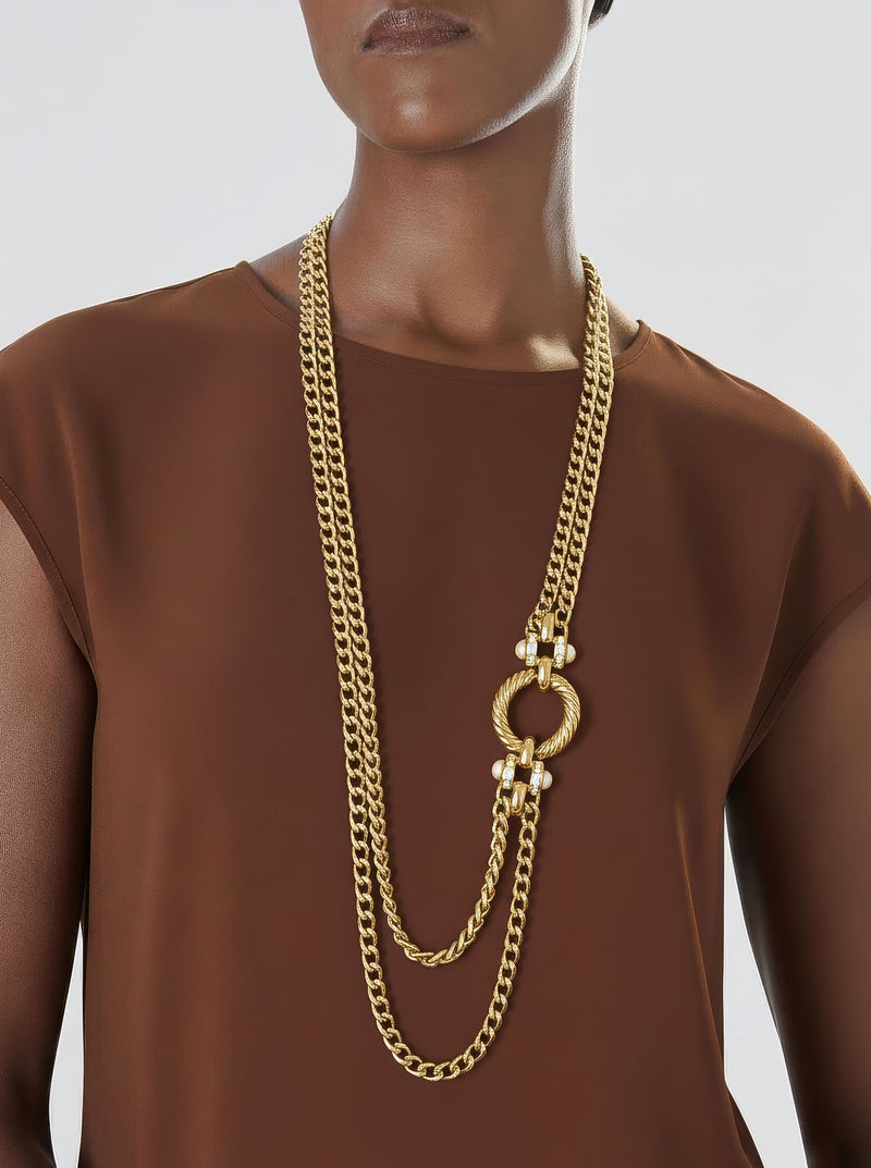 Vintage Givenchy Gold-Plated Chain Sautoir Necklace with Pearls & Crystals