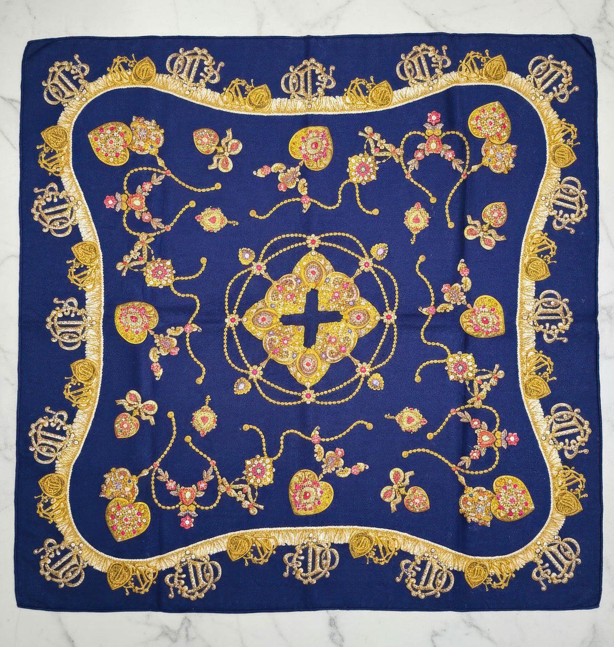 Foulard Bandana Dior Vintage Baroque Bleu Nuit et Jaune – 100% Coton