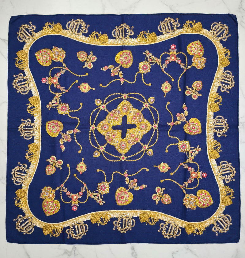 Foulard Bandana Dior Vintage Baroque Bleu Nuit et Jaune – 100% Coton