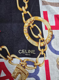Foulard Bandana Céline Vintage – Motif Chaînes & Anneaux Géométriques Multicolore – Rouge, Bleu, Vert & Noir