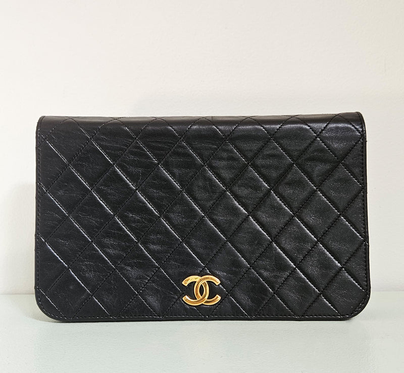 Vintage Chanel Timeless Single Flap Bag in Black Lambskin Leather