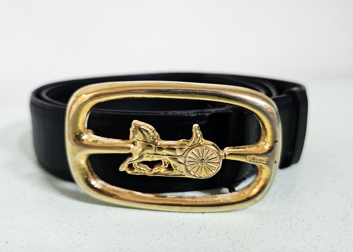 Celine Black Leather Belt horsecarriage buckle T.34