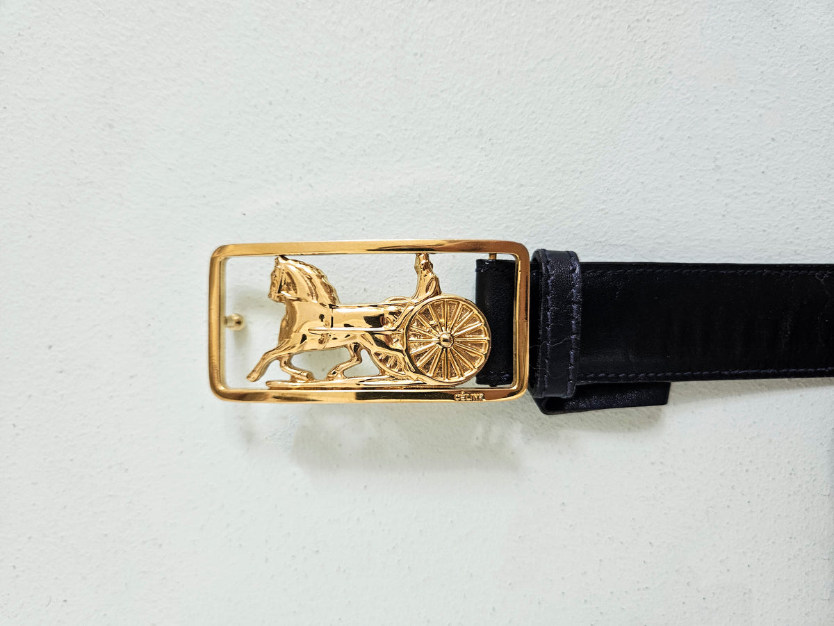 Celine Black Leather Belt horsecarriage buckle T.34