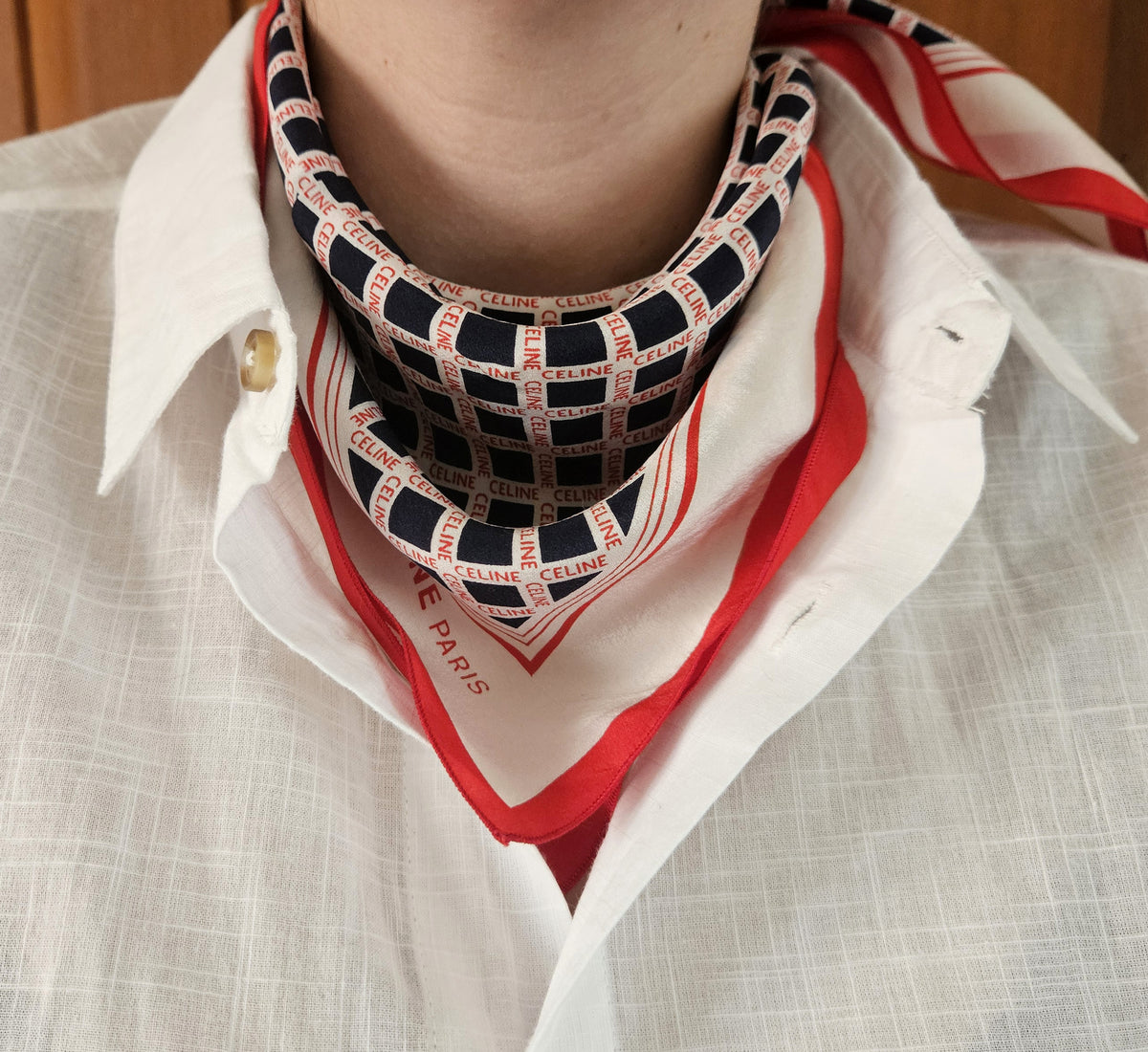 Celine Silk Scarf – Checkered Print, Navy & Red
