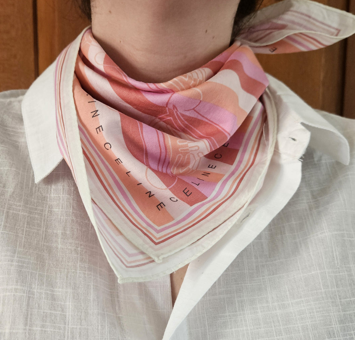 Foulard Céline en coton rose – Logo Triomphe et rayures