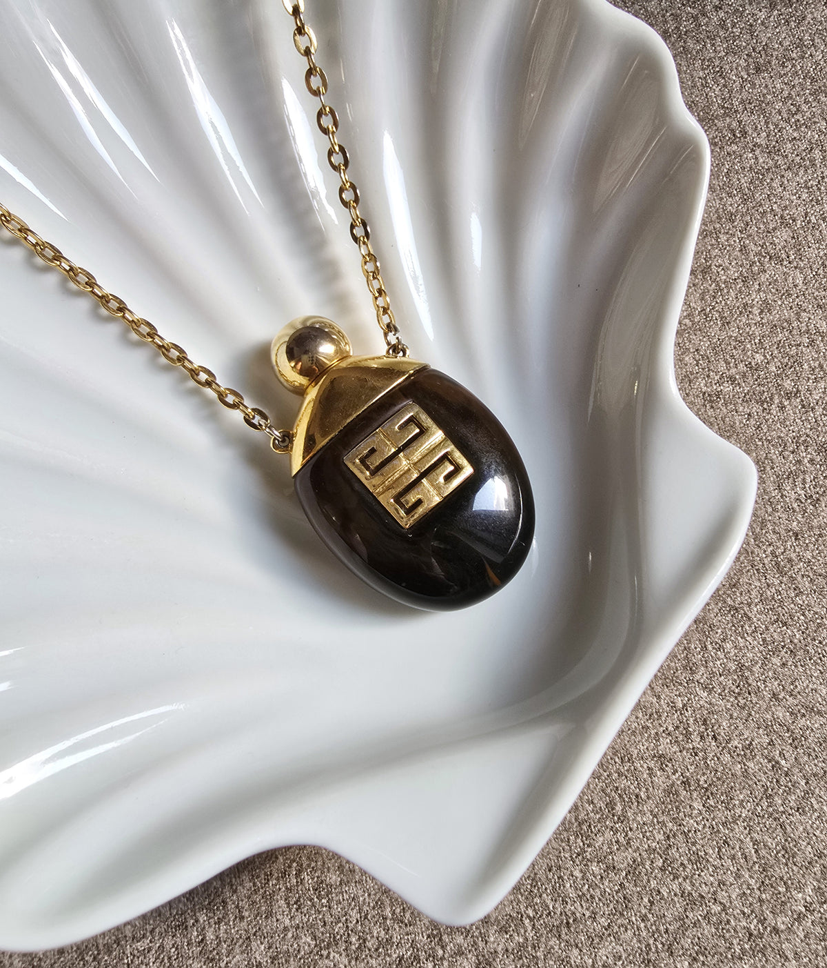 Givenchy Vintage Perfume Bottle Necklace Lucite & Gold-Plated Elegance