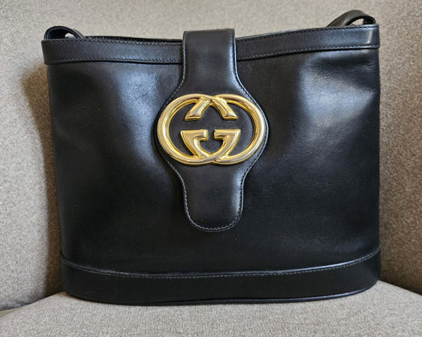 GUCCI Vintage Black Leather Shoulder Bag