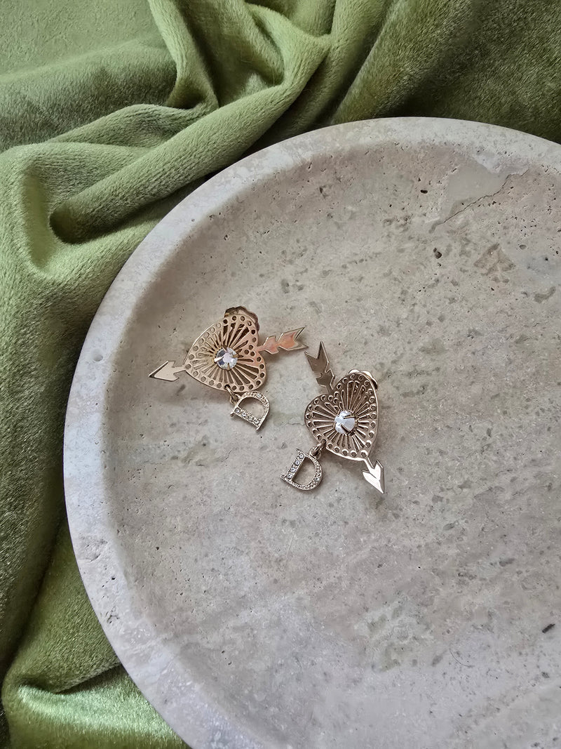 Dior Gold-Plated Heart & Arrow Clip-On Earrings with Crystal & 'D' Charm