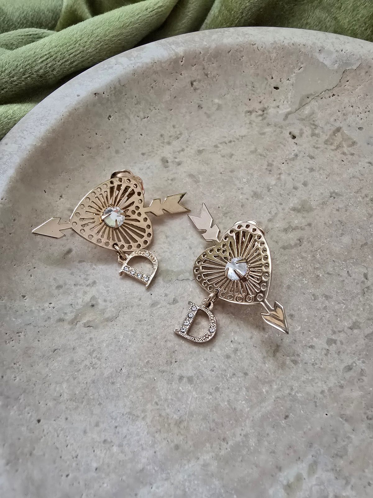 Dior Gold-Plated Heart & Arrow Clip-On Earrings with Crystal & 'D' Charm