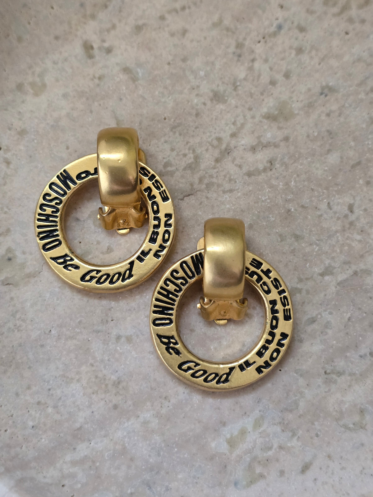 Moschino Vintage Gold Clip-On Earrings with Engraved Inscription