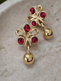 Nina Ricci Vintage Gold Clip-On Earrings with Red Cabochon