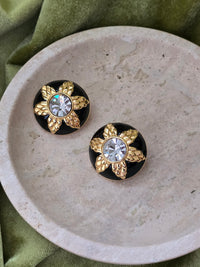 Fendi Vintage Gold-Plated Clip-On Earrings with Black Enamel & Crystal