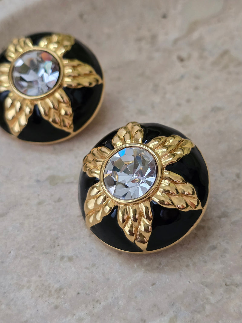 Fendi Vintage Gold-Plated Clip-On Earrings with Black Enamel & Crystal