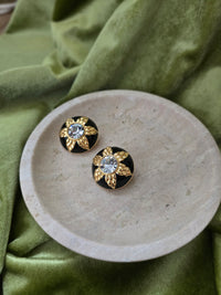Fendi Vintage Gold-Plated Clip-On Earrings with Black Enamel & Crystal