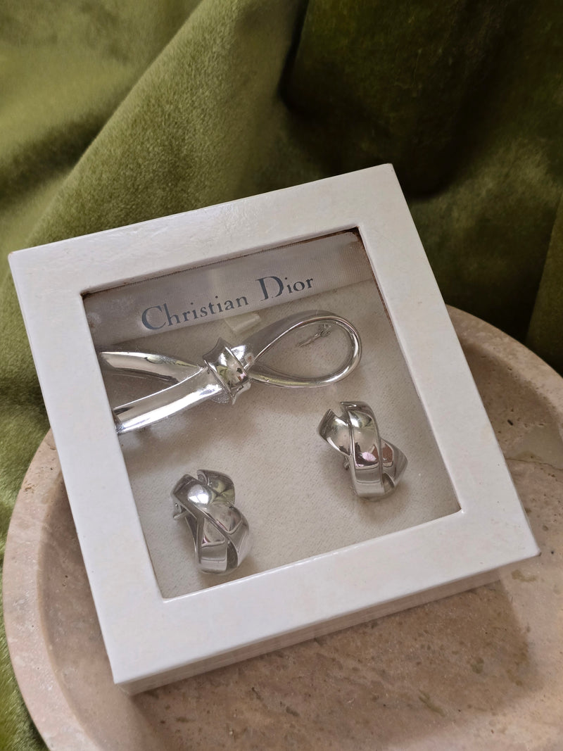 Vintage Dior Parure – Silver Tone Brooch & Clip-On Earrings Set