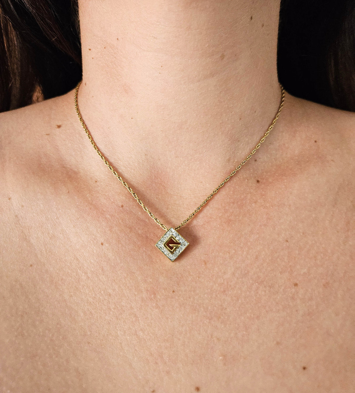 Vintage Givenchy Gold-Tone “G” Necklace with Clear Rhinestones