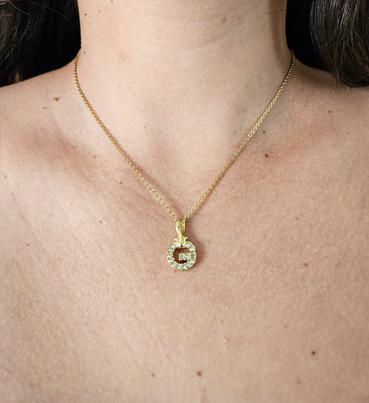 Vintage Givenchy Gold-Tone “G” Letter Necklace with Clear Rhinestones