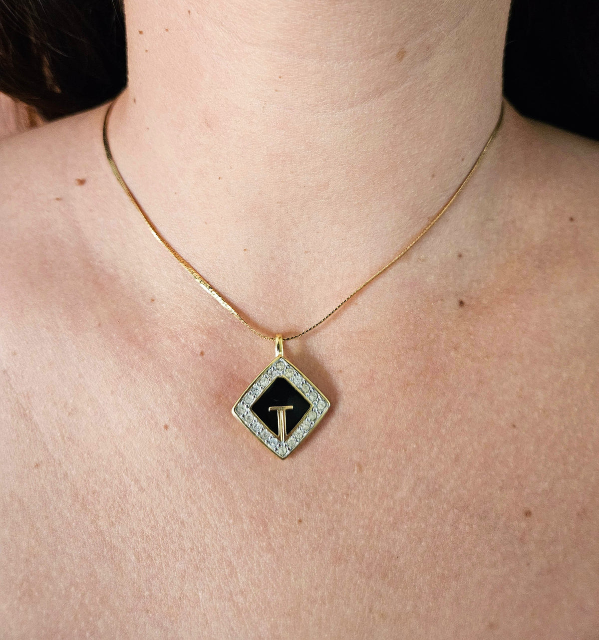 Vintage Black Enamel & Gold-Tone Diamond-Shaped Pendant Necklace with Clear Rhinestones