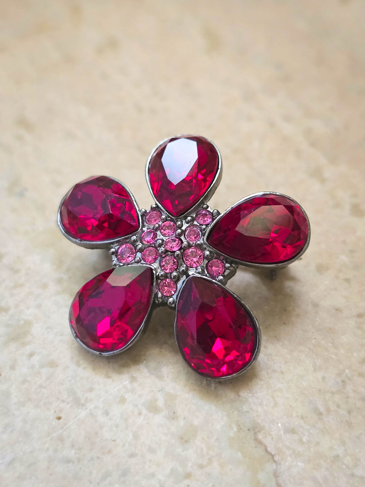 Givenchy Vintage Mini Flower Brooch with Ruby Pink Crystals
