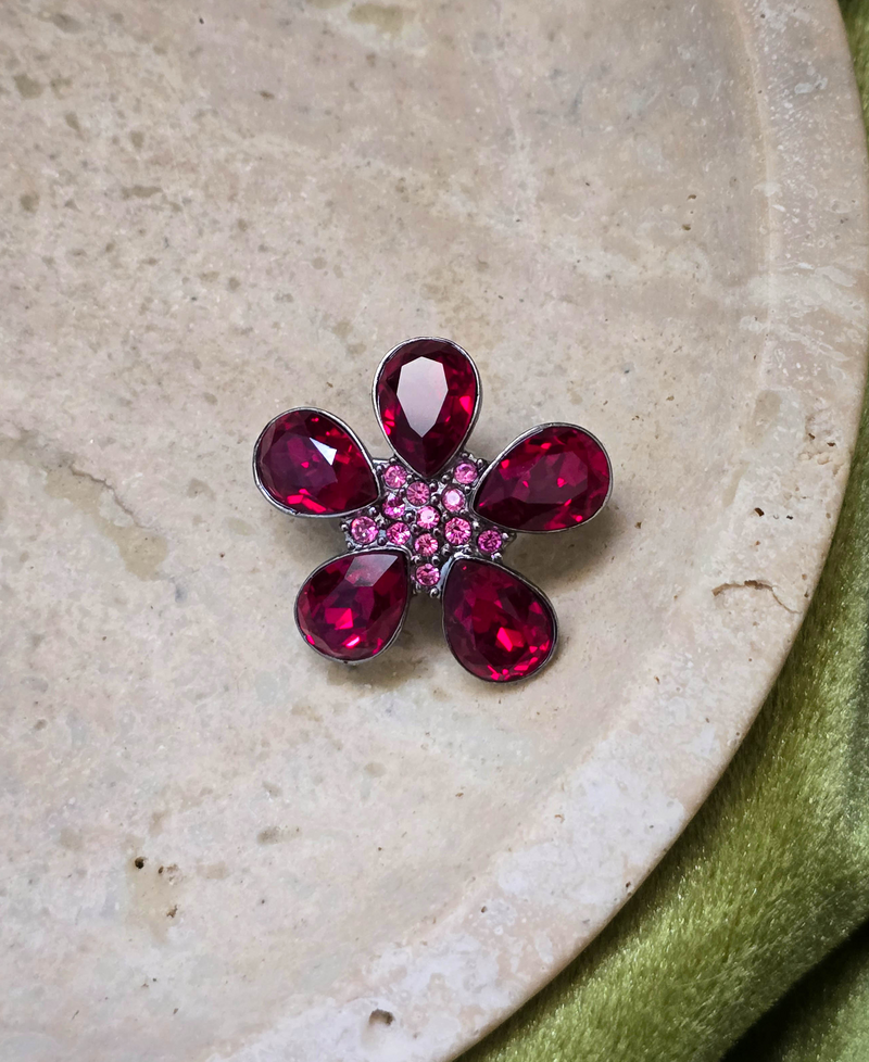 Givenchy Vintage Mini Flower Brooch with Ruby Pink Crystals