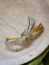 Vintage Nina Ricci Gold-Tone Ribbon Brooch with Rhinestones
