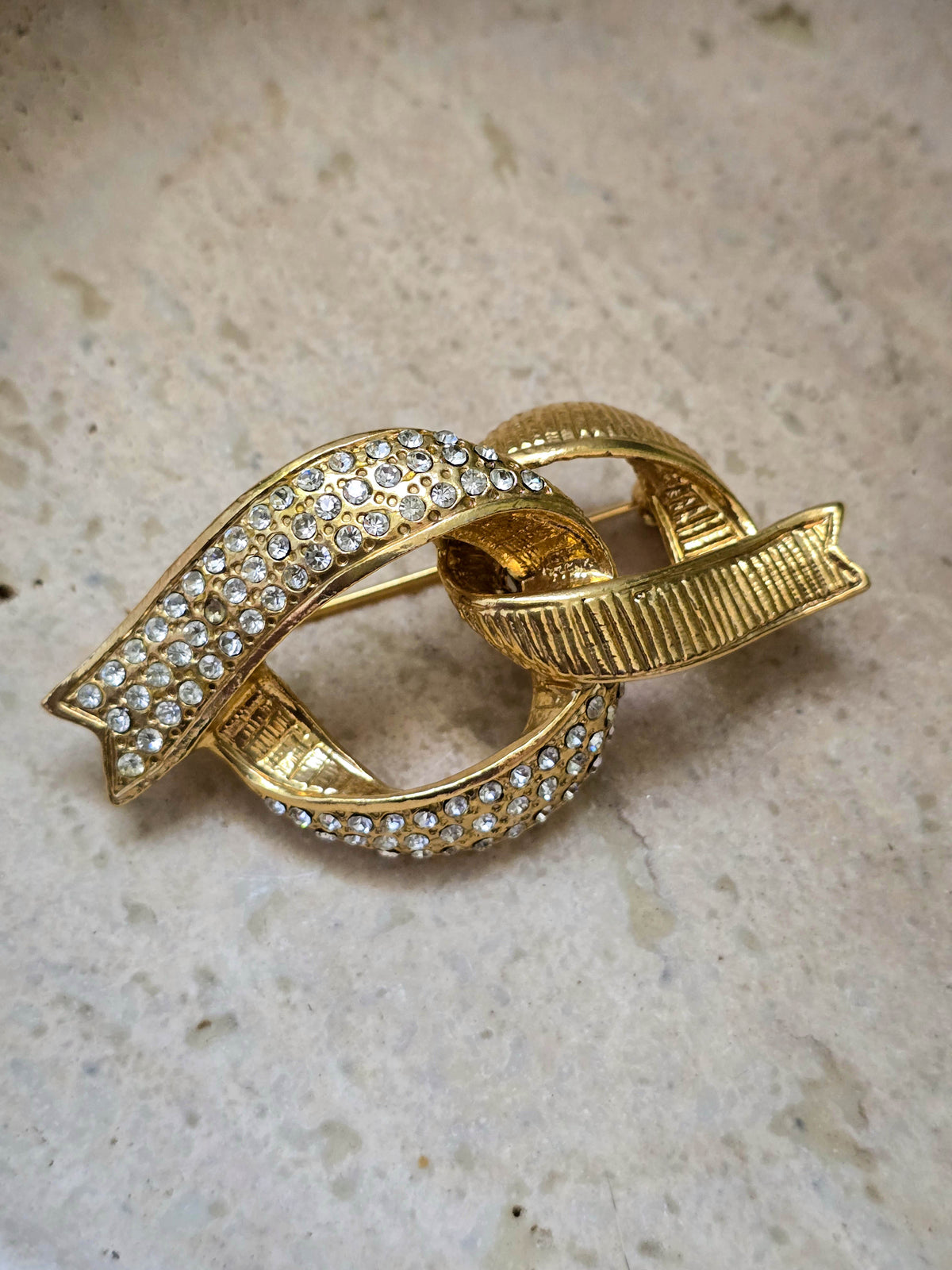 Yves Saint Laurent Vintage Gold Ribbon Link Brooch with Rhinestones