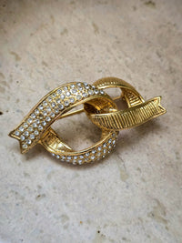 Yves Saint Laurent Vintage Gold Ribbon Link Brooch with Rhinestones