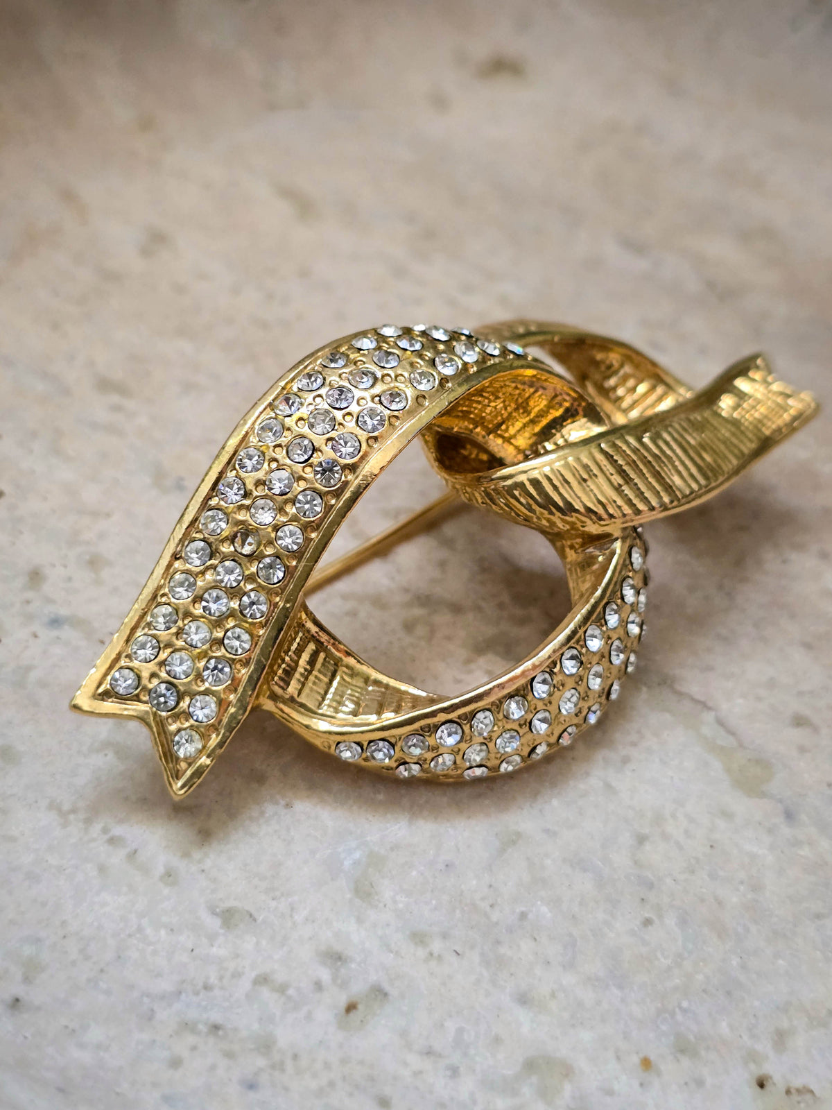 Yves Saint Laurent Vintage Gold Ribbon Link Brooch with Rhinestones