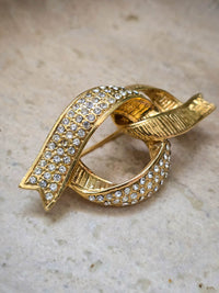 Yves Saint Laurent Vintage Gold Ribbon Link Brooch with Rhinestones