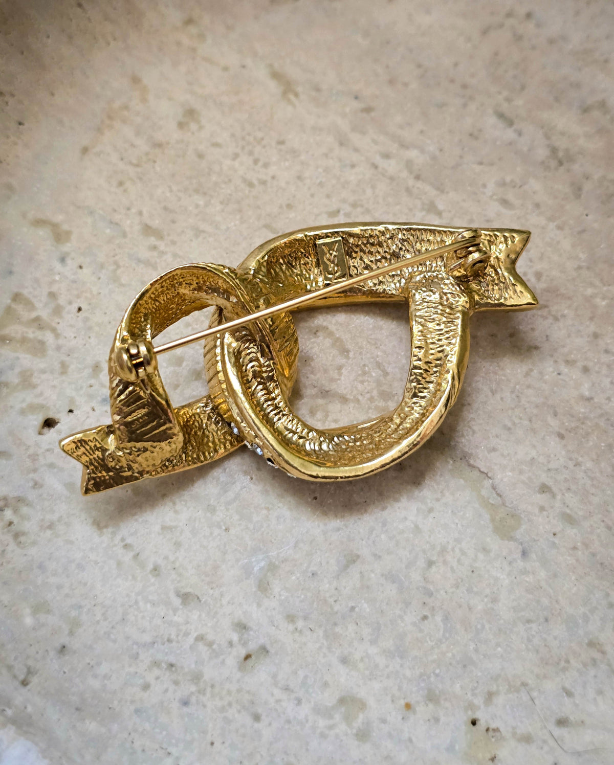 Yves Saint Laurent Vintage Gold Ribbon Link Brooch with Rhinestones