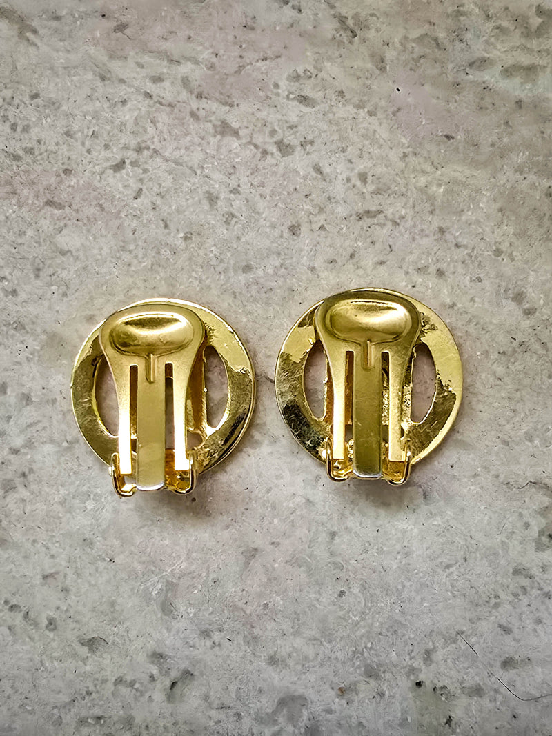 Vintage CELINE Paris Round Clip-On Earrings with Rhinestones