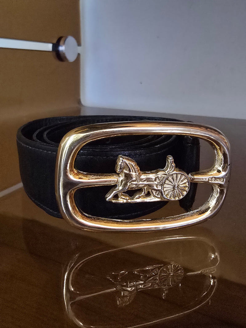 Celine Black Leather Belt horsecarriage buckle T.34