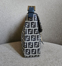 Vintage Fendi Mama Baguette Bag in Zucca Canvas with Navy Blue Leather Accents