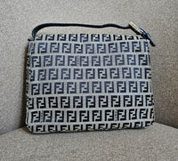 Vintage Fendi Mama Baguette Bag in Zucca Canvas with Navy Blue Leather Accents