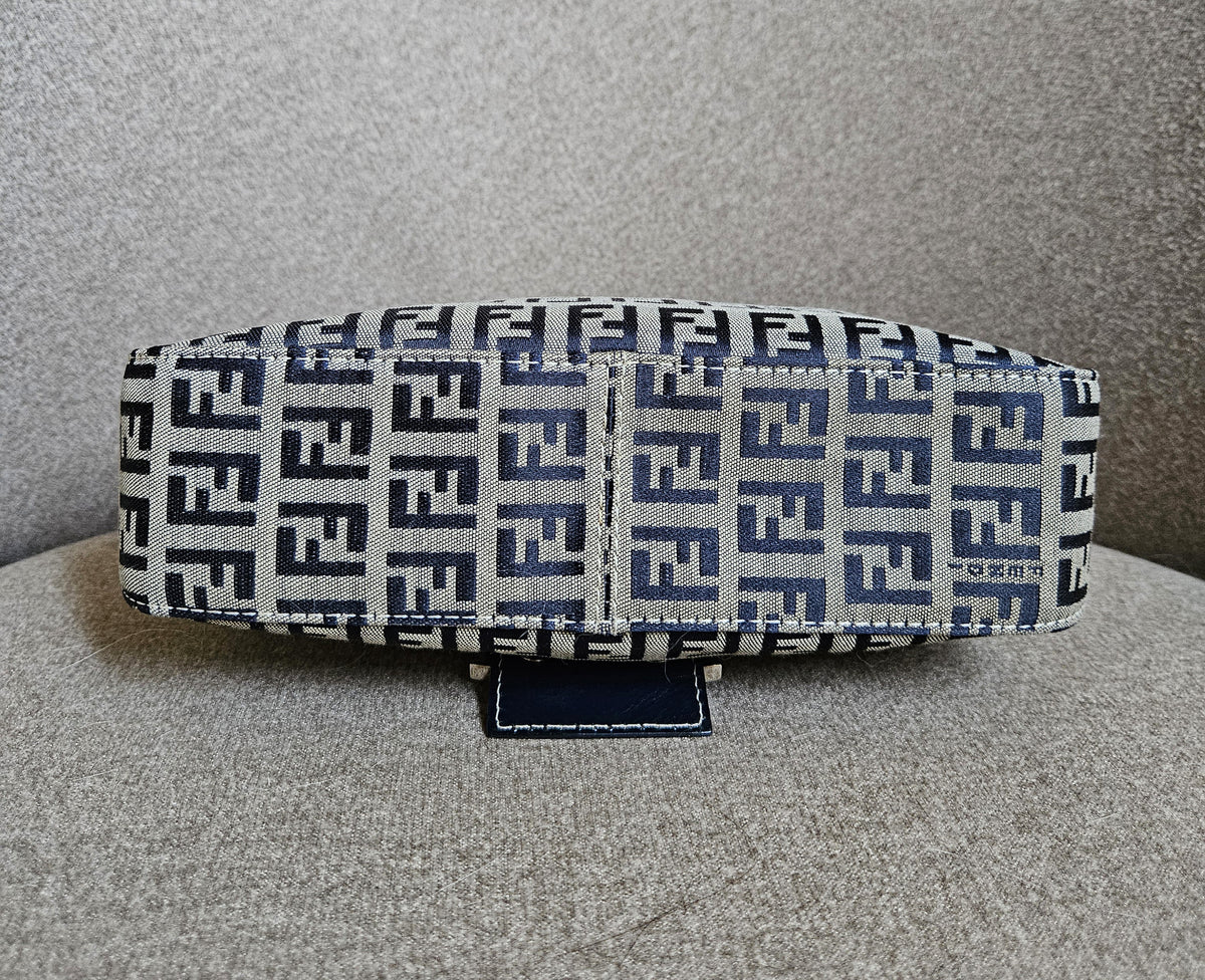Vintage Fendi Mama Baguette Bag in Zucca Canvas with Navy Blue Leather Accents