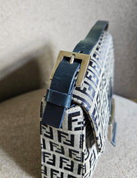 Vintage Fendi Mama Baguette Bag in Zucca Canvas with Navy Blue Leather Accents