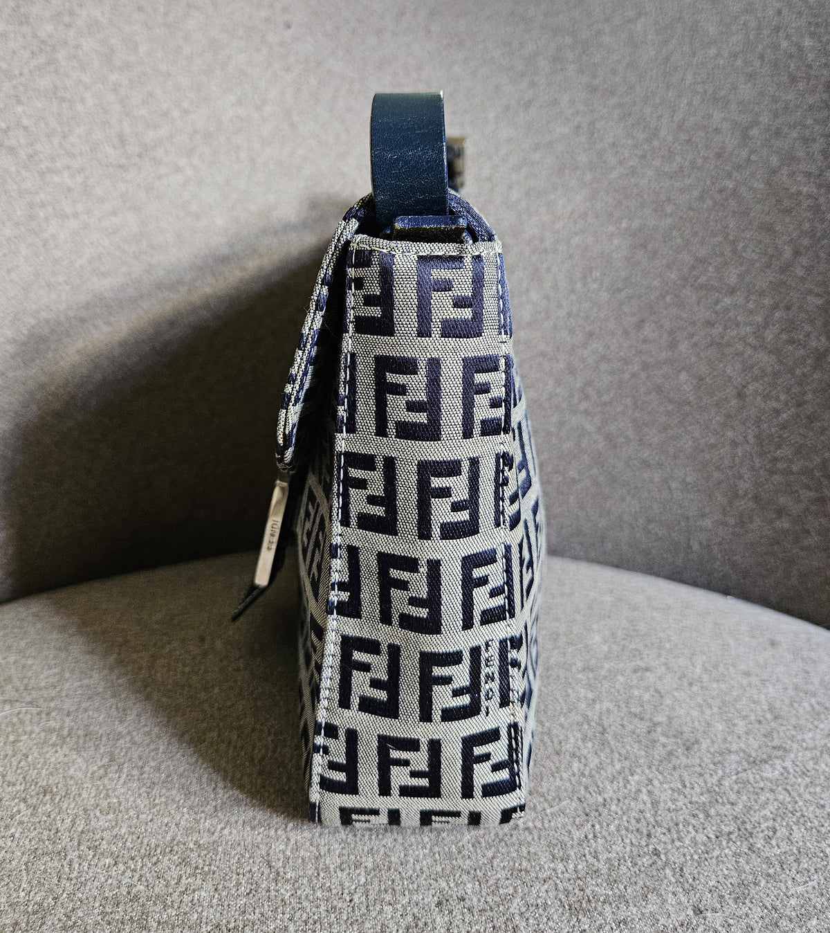 Vintage Fendi Mama Baguette Bag in Zucca Canvas with Navy Blue Leather Accents