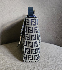 Vintage Fendi Mama Baguette Bag in Zucca Canvas with Navy Blue Leather Accents