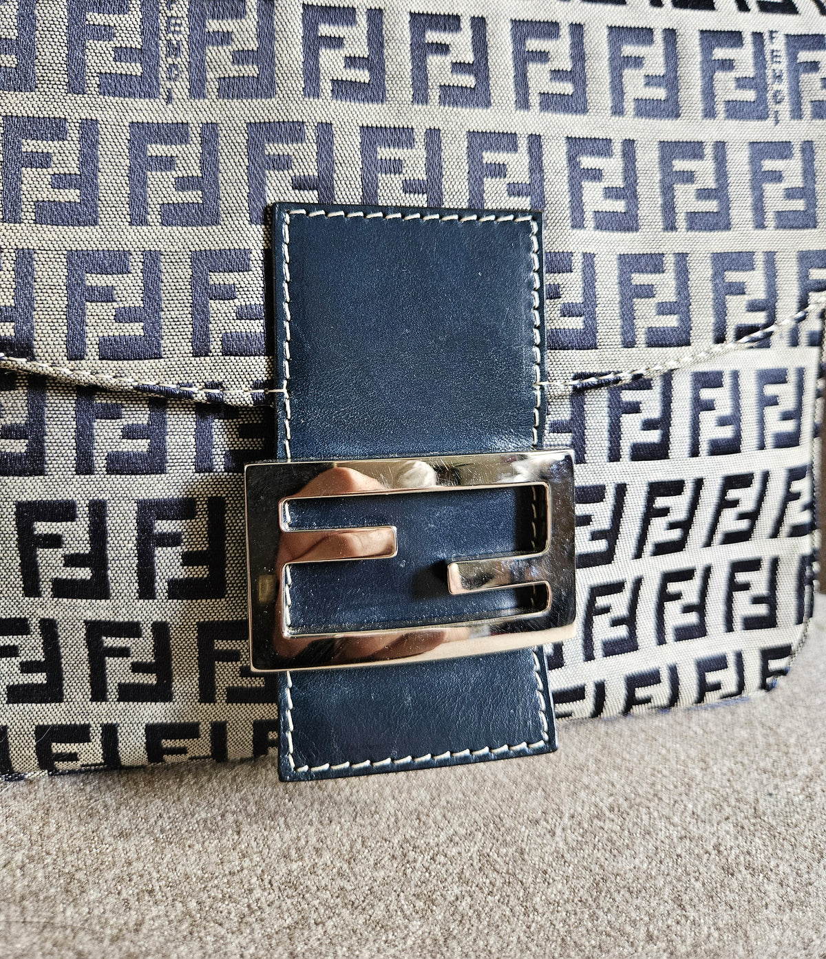 Vintage Fendi Mama Baguette Bag in Zucca Canvas with Navy Blue Leather Accents