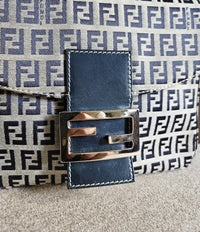 Vintage Fendi Mama Baguette Bag in Zucca Canvas with Navy Blue Leather Accents