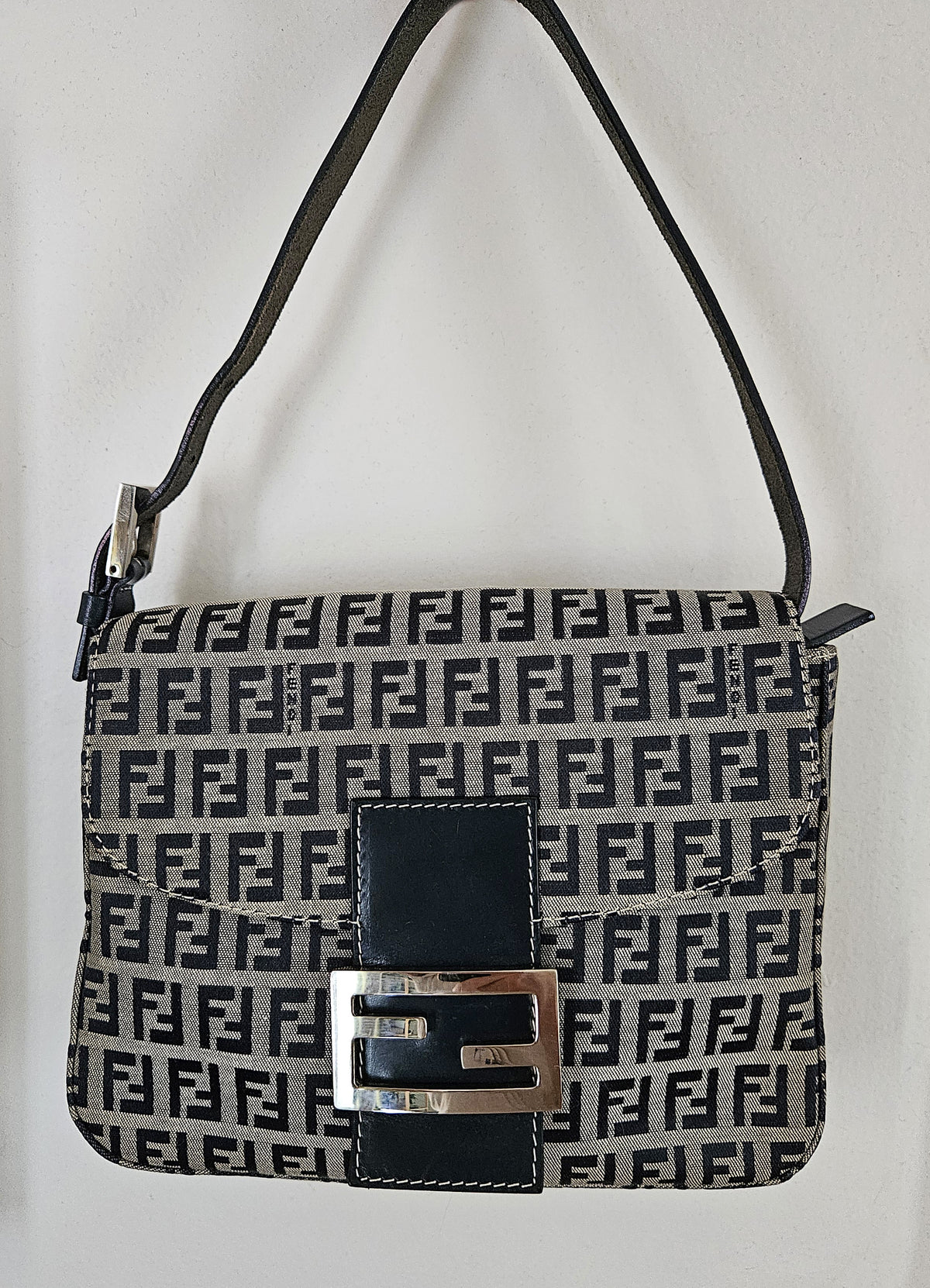 Vintage Fendi Mama Baguette Bag in Zucca Canvas with Navy Blue Leather Accents